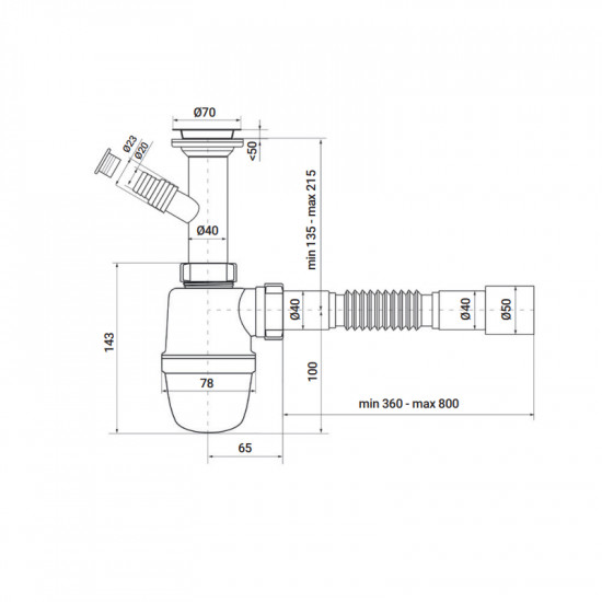 Сифон для умивальника ZERIX SU-02-B 1 1/2"x40 з відведенням для пральної машини (ZX4949)