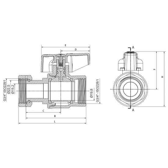 Кран кульовий Roho R115-075B -3/4"х3/4" прямий Н/Г, ручка "метелик" чорна (RO0234)