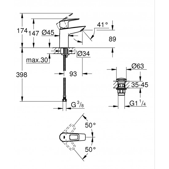 Одноважільний змішувач для раковини S-Size Grohe BauLoop New з нажимним донним клапаном (23878001)