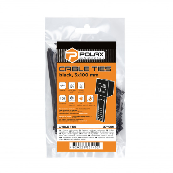 Хомут пластиковий (стяжка) Polax нейлонова 3 х 100мм, чорний 100 шт. (37-086)