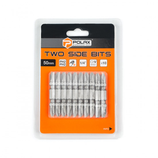 Бита двусторонняя Polax стальная 50 мм PH2-PH2 1/4", 10 шт (51-084)