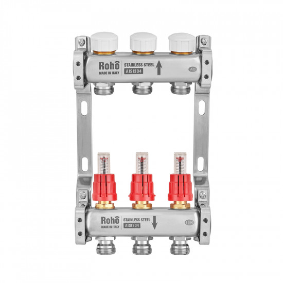 Коллектор с расходомером и термостатическими клапанами Roho R804-03M - 1"х 3 вых. (RO1028)