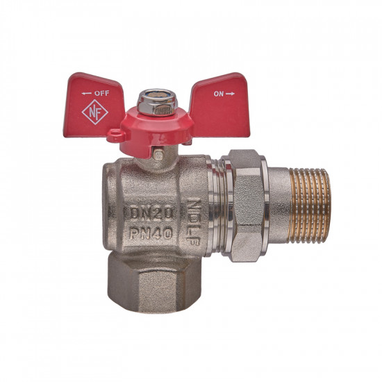 Кран кульовий з американкою Nolf classic NFC.941-08-3/4" FM кутовий, ГШМ ручка "метелик" червона (N