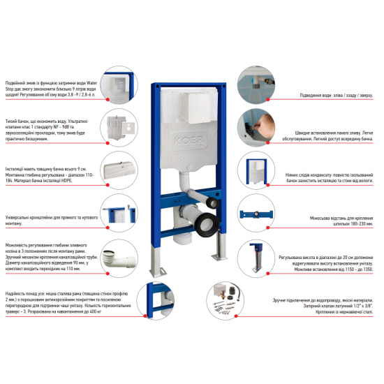 Інсталяція для підвісного унітазу Koer KT-0407 500x126x1150mm, без панелі змиву (KR5341)