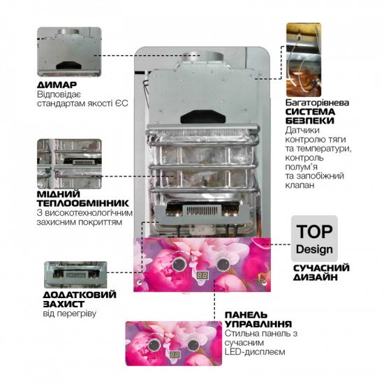 Газова колонка MIXXUS GWH-0410 BASIC GLASS димохідна 10 л/хв (панель зі скла з малюнком) (WH0025)