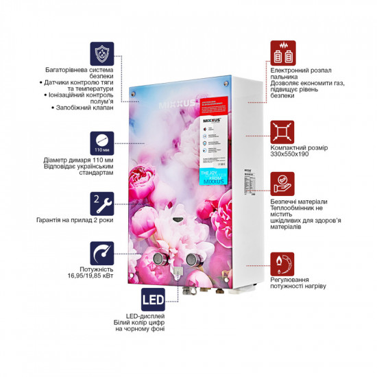 Газова колонка MIXXUS GWH-0410 BASIC GLASS димохідна 10 л/хв (панель зі скла з малюнком) (WH0025)