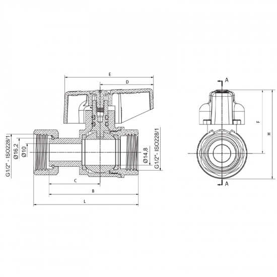 Кран кульовий Roho R115-050 -1/2"х1/2" ВВ прямий Н/Г, ручка "метелик" червона (RO0231)
