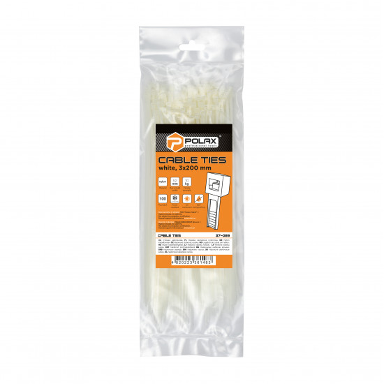 Хомут пластиковий (стяжка) Polax нейлонова 3 х 200мм, білий 100 шт. (37-089)