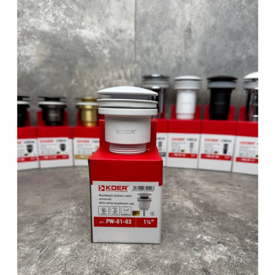 Донний клапан для умивальника Koer PW-01-03 1 1/4'' (кнопка) (Білий) (KR3402)