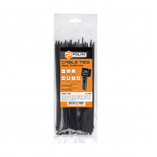 Хомут пластиковий (стяжка) Polax нейлонова 3 х 200мм, чорний 100 шт. (37-090)