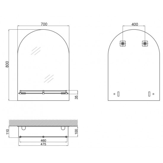 Зеркало настенное Zerix LAGUNA MRZ03-700x800x110 прямоугольное с дугообразным верхом и полкой (ZX562)