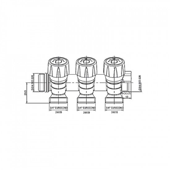 Колектор з регулюючими вентилями на 3 вих. Roho R809-03 - 3/4"x3/4" EK (RO0250)