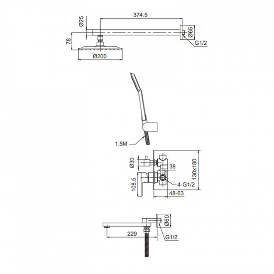 Вбудована душова система Koer KI-66015-02 (з нерж. сталі) (Колір нерж) (KR4785)